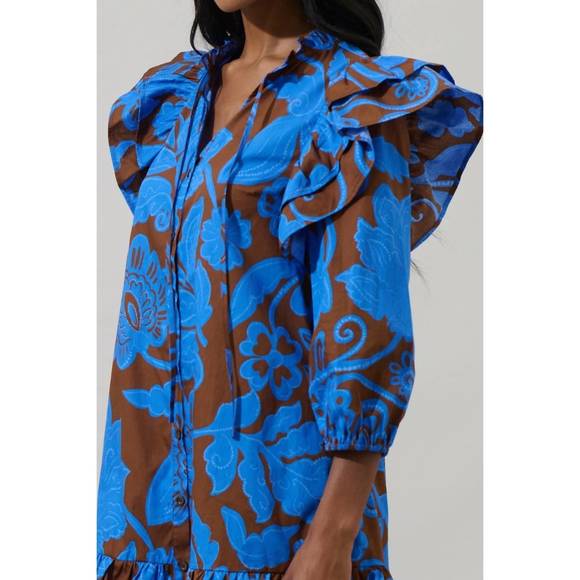 NEW SUGARLIPS floral ruffle drop waist mini dress in brown-blues - Picture 4 of 4